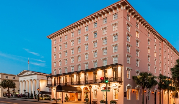 Exterior of The Mills House Wyndham Grand Hotel in Charleston, SC